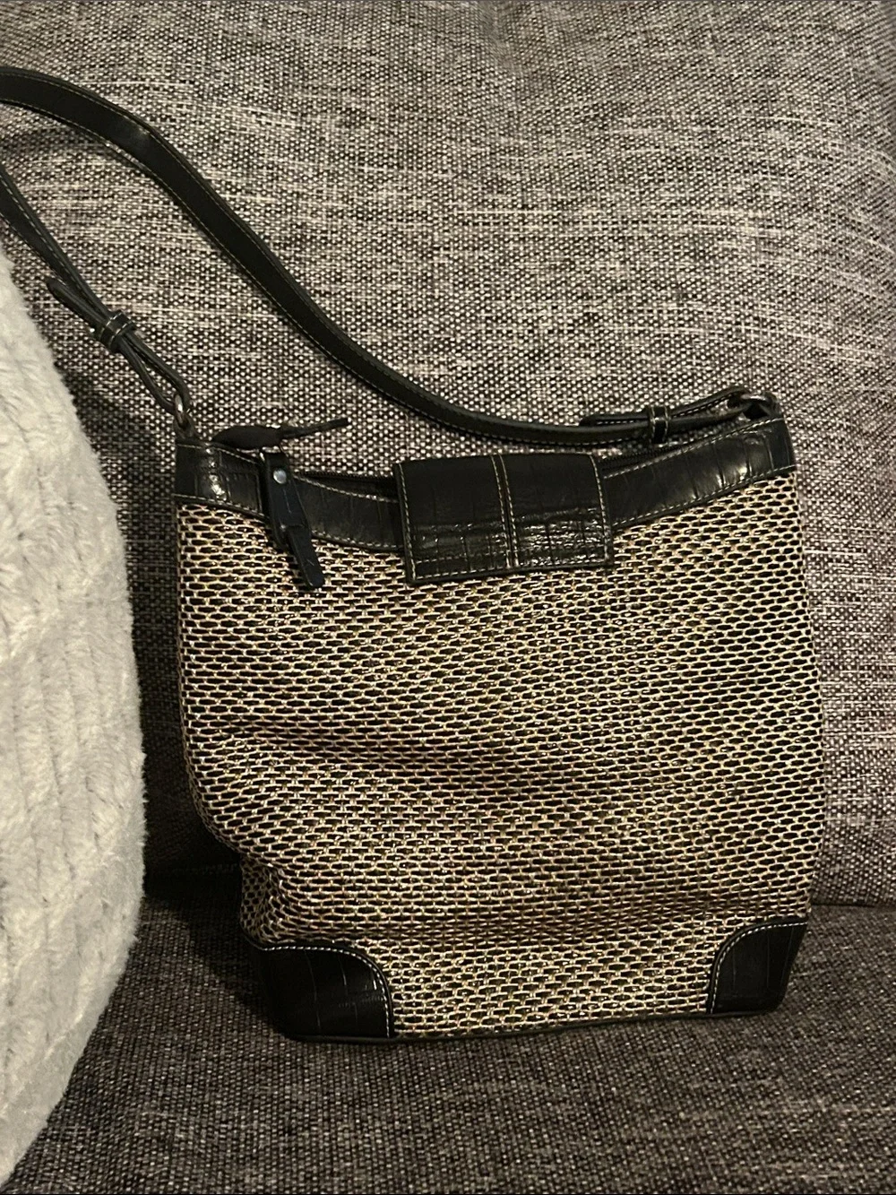 Woven Shoulder Bag with Brown Leather Trim